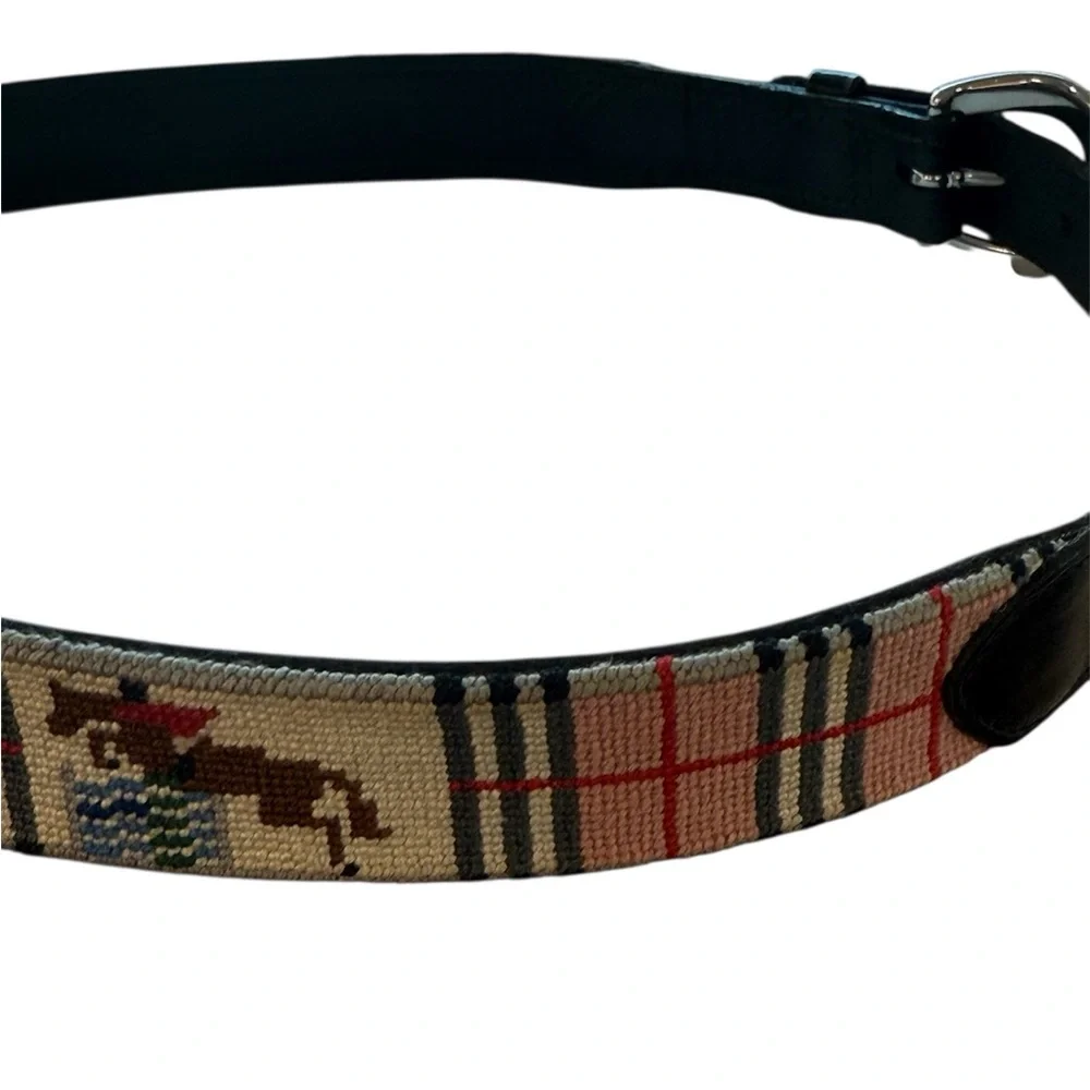 Vintage Equestrian Steeplechasing Needlepoint over Leather Belt